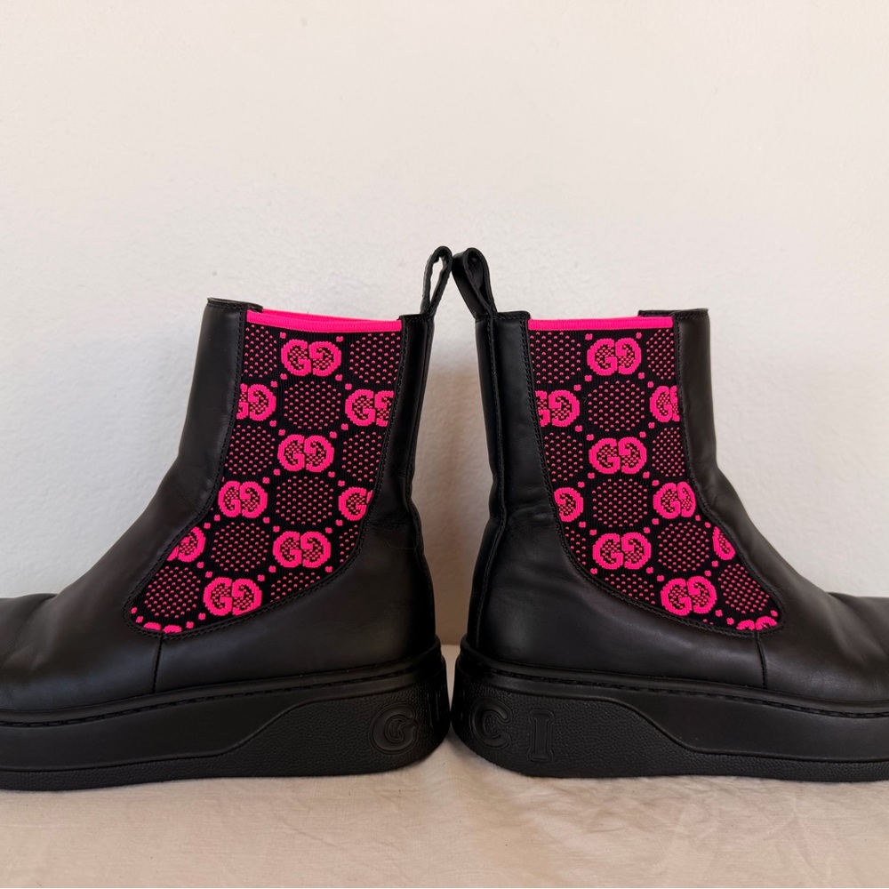 Gucci Black Leather Ankle Boots with Hot Pink Knit Panels